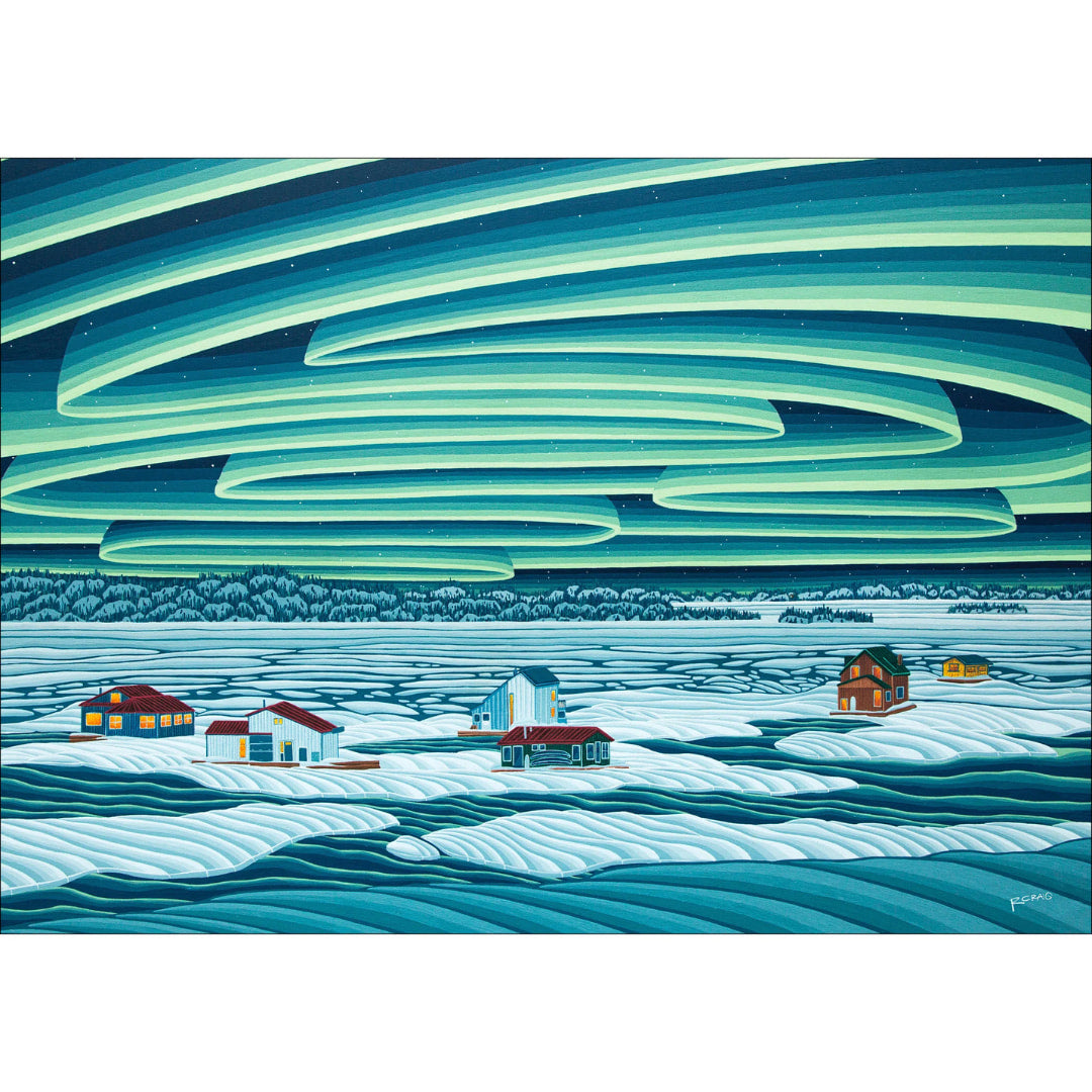 Artistic depiction of a snowy landscape with houses and swirling green and blue patterns in the sky.