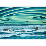 Artistic depiction of a snowy landscape with houses and swirling green and blue patterns in the sky.