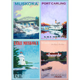 Four travel posters featuring scenic views of Muskoka, Ontario.
