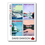 Puzzle box with four scenic illustrations of Muskoka, Port Carling, Lake Muskoka, and Lake Rosseau, featuring the artist 'David Dawson'.