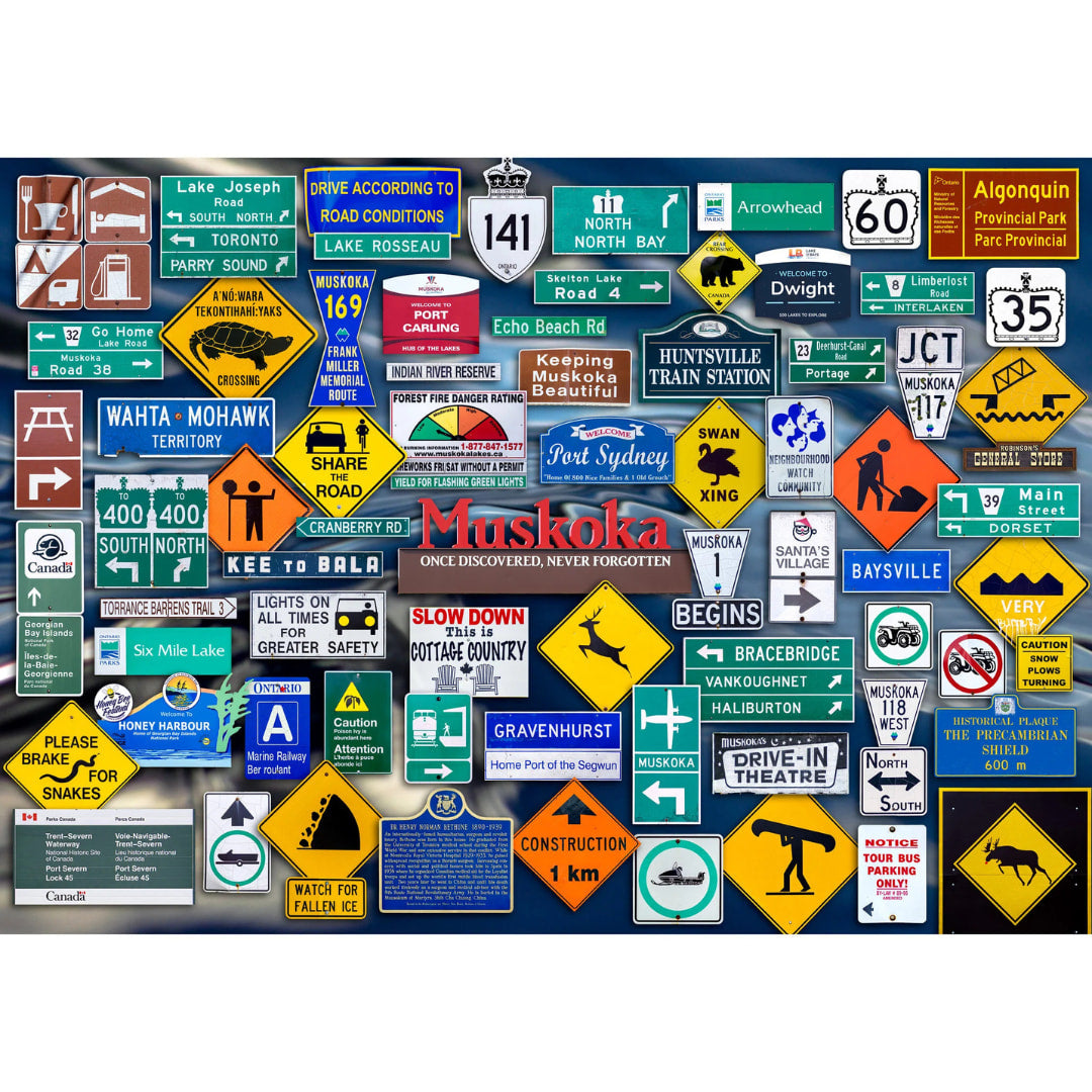 Collection of various road signs from different locations on a blue background with 'Muskoka' text.
