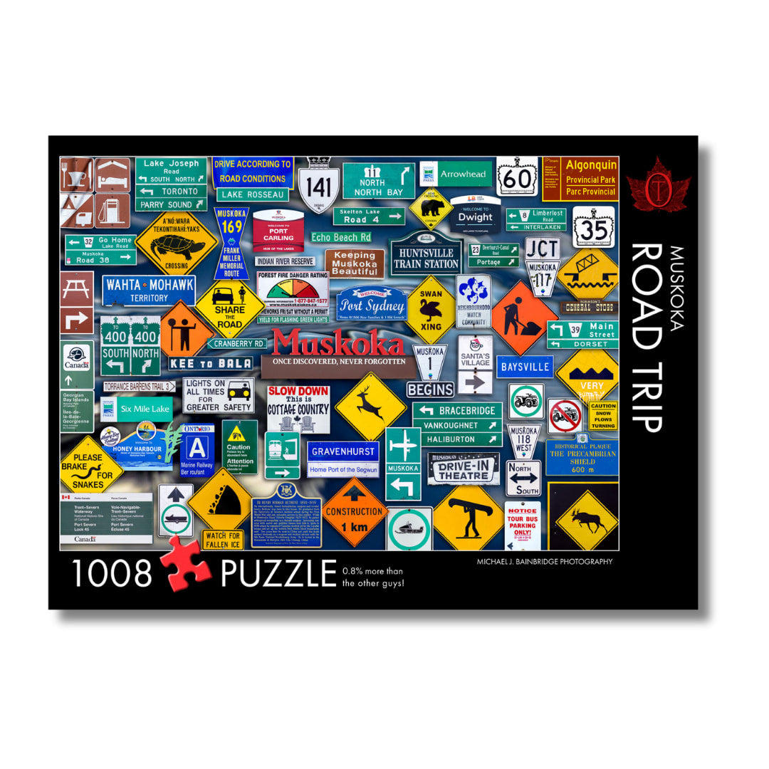 Muskoka Road Trip puzzle packaging with various road signs on a white background