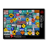 Muskoka Road Trip puzzle packaging with various road signs on a white background