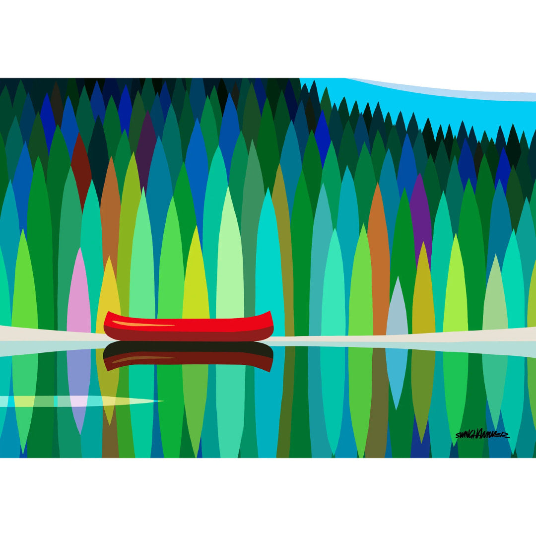 Colorful abstract landscape with a red canoe on water