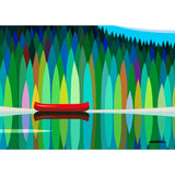 Colorful abstract landscape with a red canoe on water