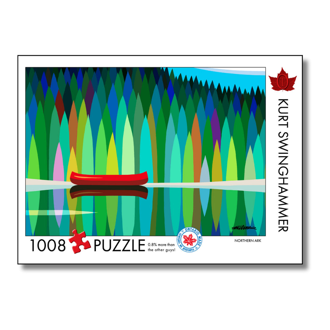 Puzzle box with a colorful design of a red canoe on water and trees, featuring Kurt Swinghammer's name.