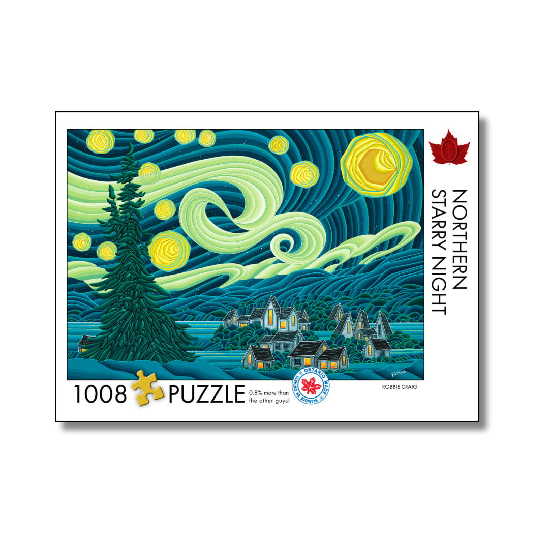 Puzzle box with 'Northern Starry Night' design featuring a stylized night sky and landscape.