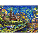 Colorful abstract artwork with architectural elements and swirling patterns