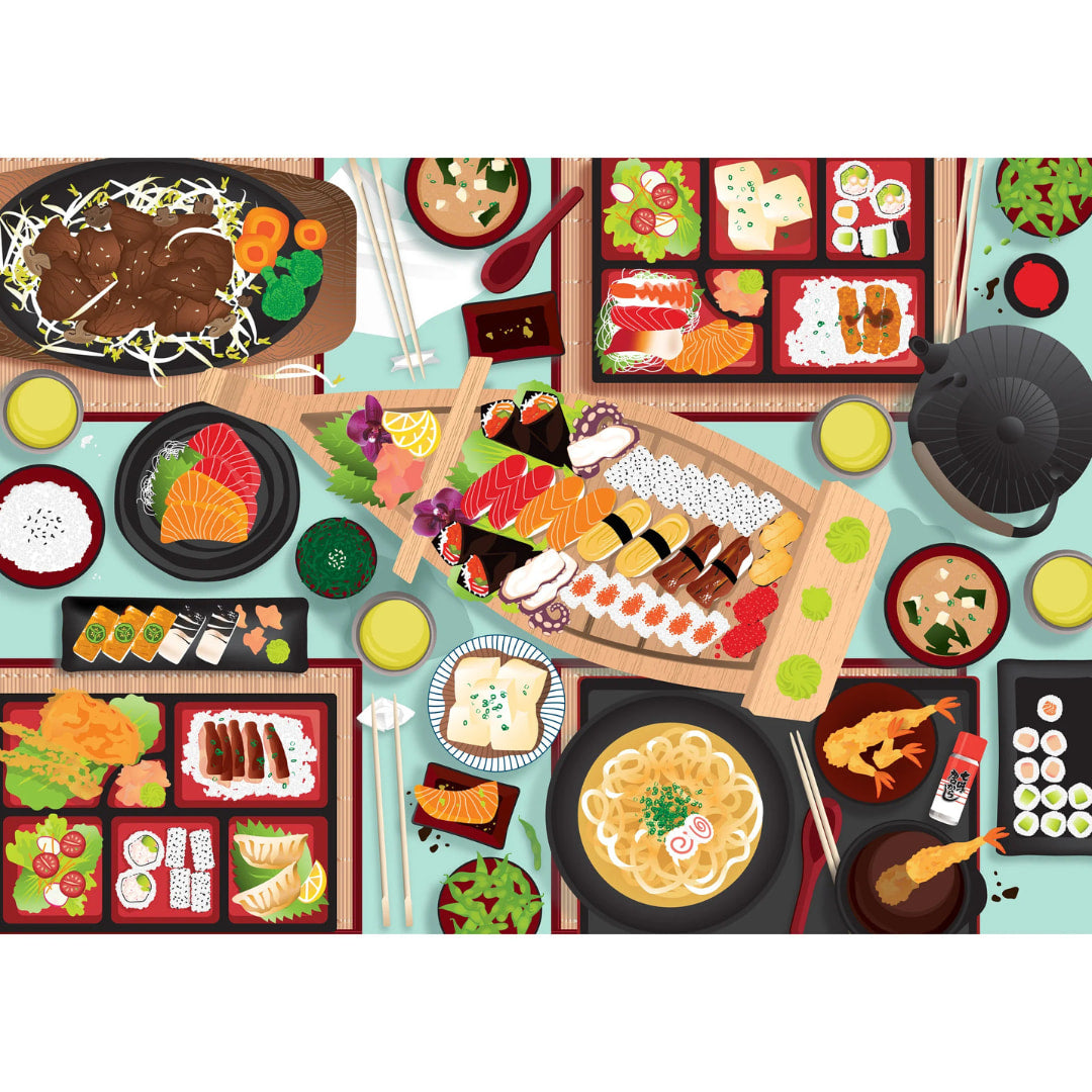 Illustration of various Japanese dishes on a table