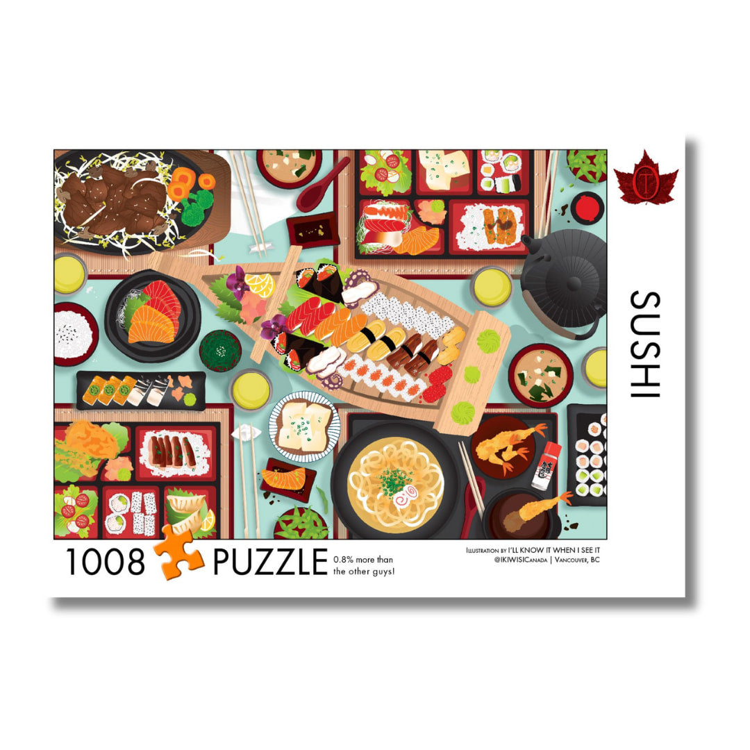 Sushi-themed puzzle packaging with various sushi items and a 'SUSHI' label.