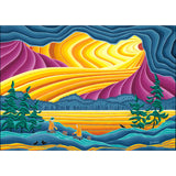 Colorful abstract landscape with wavy patterns and two figures by a body of water.