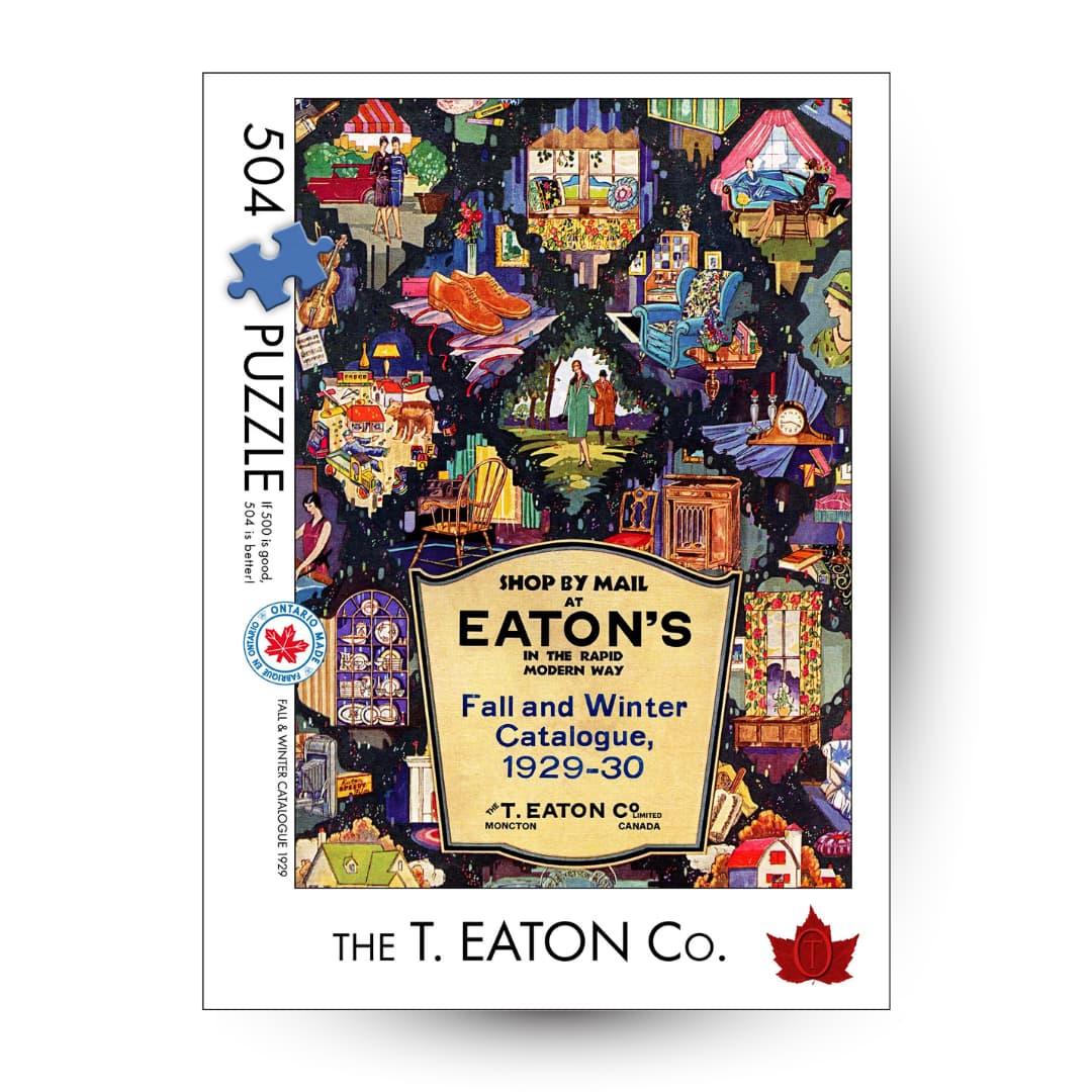 Eaton's Fall and Winter Catalogue puzzle packaging with colorful design and text.