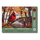 Jigsaw puzzle box featuring two cardinals in a autumn landscape with 'Birds of Canada' branding.