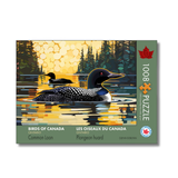 Jigsaw puzzle box featuring a Common Loon on a lake with trees in the background