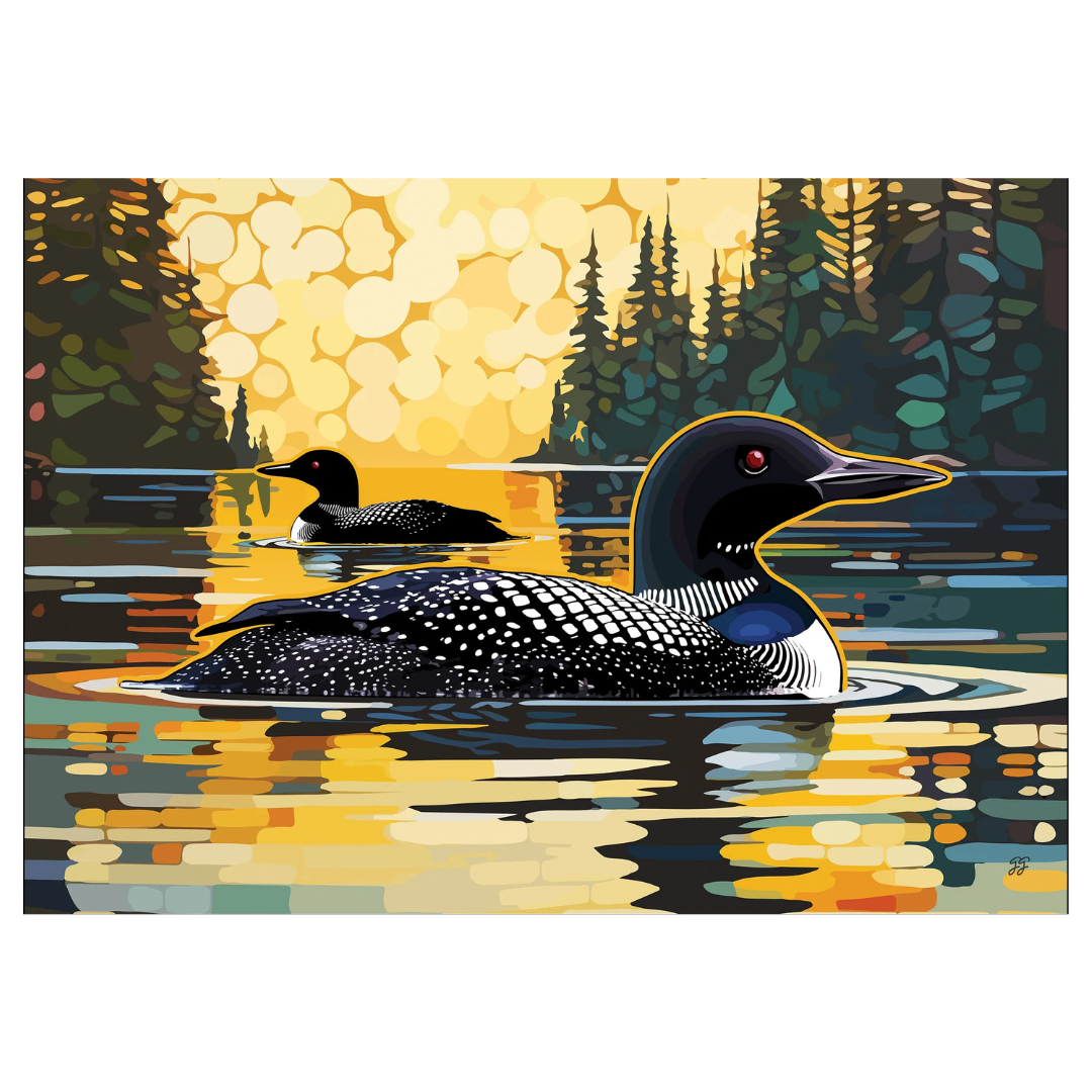 Two loons on a lake with a colorful background