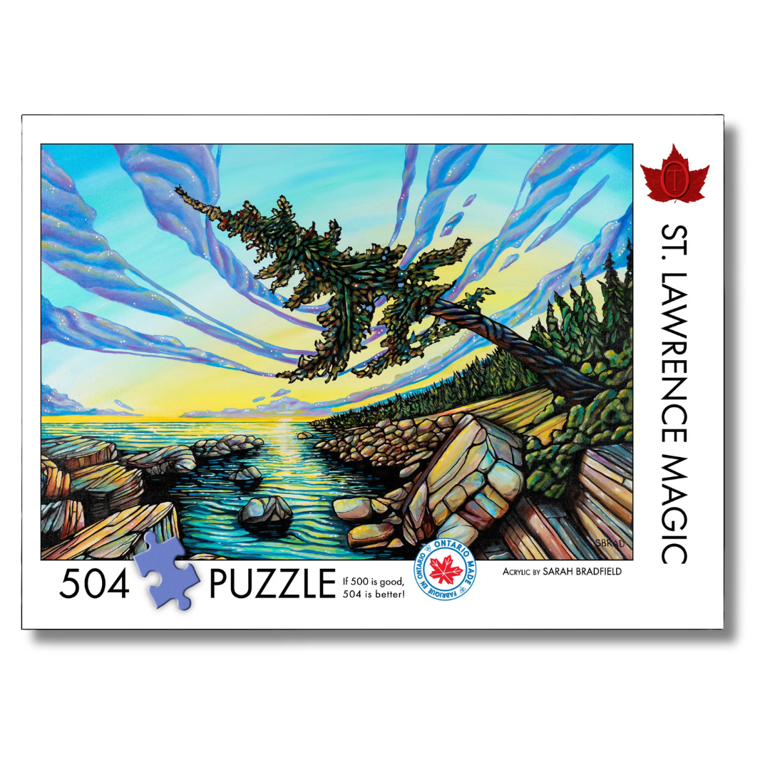 St. Lawrence Magic puzzle packaging with a scenic illustration of a lake and trees.