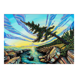 Colorful artwork of a coastal scene with trees, rocks, and water.