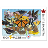 A 1008-piece jigsaw puzzle box titled 'Butterflies of Canada' by Emily S. Damstra, featuring a colorful collage of various butterflies and moths on a light blue background with yellow flowers.