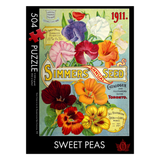 A 504-piece jigsaw puzzle titled 'Sweet Peas' featuring a vintage 1911 Simmers Seed catalog illustration with colorful illustrated sweet pea flowers on a black background.