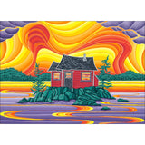 Colorful abstract landscape with a red cabin and wavy patterns.