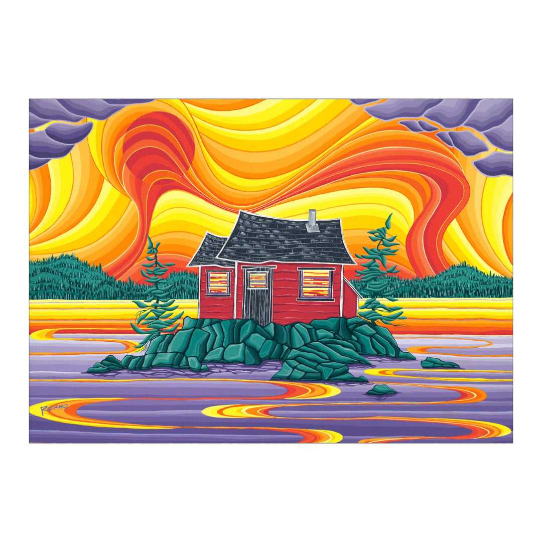 Illustration of  a cabin on a rocky island 