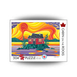 Jigsaw puzzle box with a cabin on a rocky island 