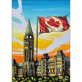 Painting of a clock tower with a Canadian flag against a colorful sky