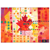 Colorful abstract art piece of a map of Canada with geometric shapes on a white background