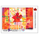 Puzzle packaging with colorful design and Canadian flag, featuring the brand 'Canadian Footprints'.
