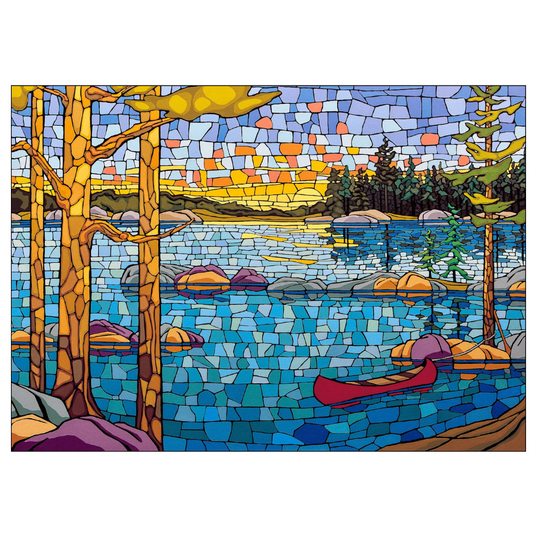Mosaic artwork of a lake scene with trees and a canoe