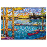 Mosaic artwork of a lake scene with trees and a canoe