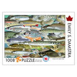 Jigsaw puzzle packaging with illustration of various fish and artist's name on a white background