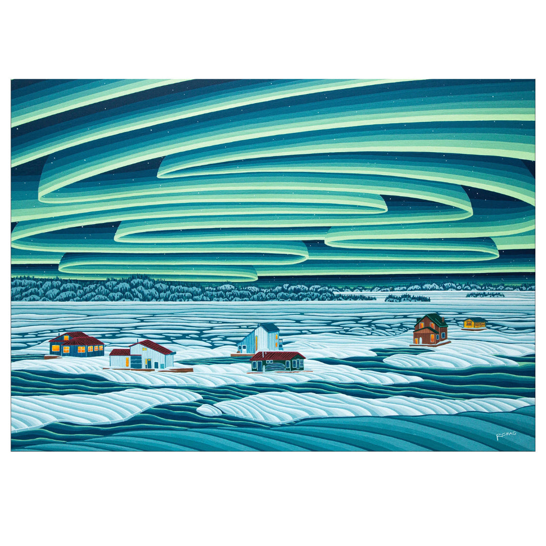 Illustration of northern lights and houses