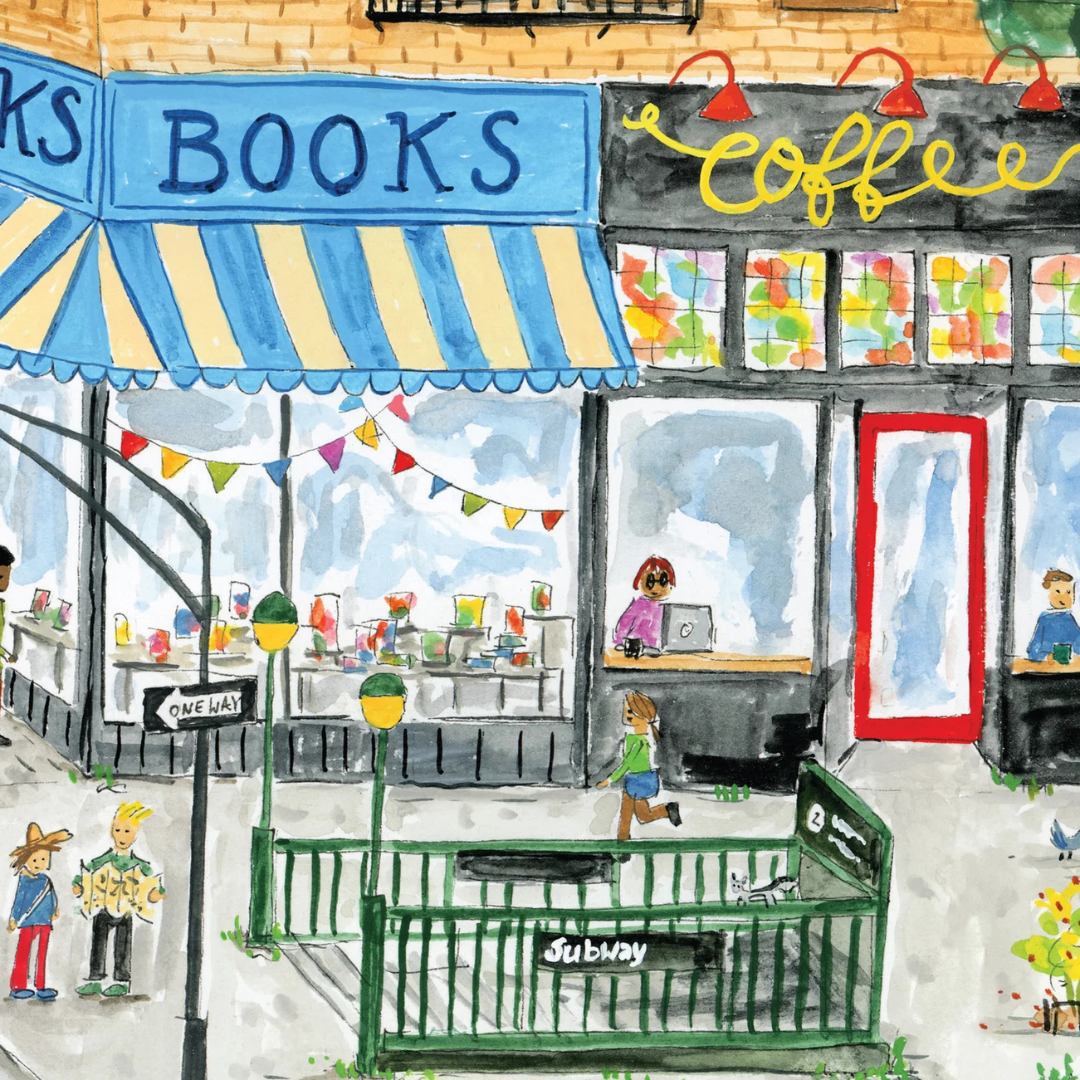 Illustration of a bookshop and coffee shop with people walking by.