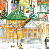 Illustration of a snowy street scene with buildings and a person walking a dog.