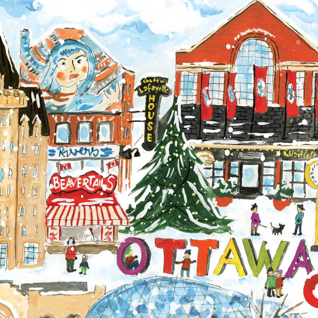 Illustration of a snowy street scene with buildings and 'Ottawa' text