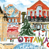 Illustration of a snowy street scene with buildings and 'Ottawa' text