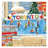 A colorful illustrated winter city scene with children ice skating on a frozen lake, snow-covered buildings, a large 'TORONTO' sign, a Christmas tree, and a red transit bus. This appears to be the artwork itself rather than a photo of a physical product in a room, so Scenery fits best.