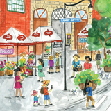 Watercolor-style illustration of a lively street market scene with storefront awnings, flowers, pedestrians, and a street sign reading Lower Jarvis St.