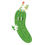 A cartoon cucumber made from a jigsaw puzzle, wearing a party hat, on a solid white background.