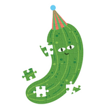 A cartoon pickle-shaped jigsaw puzzle piece set on a plain white background. The green pickle has a small party hat with pink and orange stripes and a blue top, plus a cute face and several loose puzzle pieces around it.