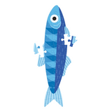 A stylized blue fish made from puzzle pieces, centered on a plain white background.