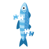 A stylized blue fish made from puzzle pieces on a plain white background.