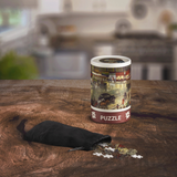 Puzzle canister with scattered pieces on a wooden table