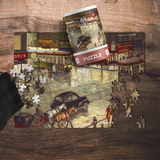 Puzzle with a completed section showing a city street scene, with packaging in the background.