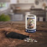 Puzzle canister with scattered pieces on a wooden table