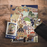 Jigsaw puzzle with a partially completed scene on a wooden surface, accompanied by a box labeled 'Puzzle'.