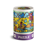 Colorful puzzle packaging with illustrations on a white background