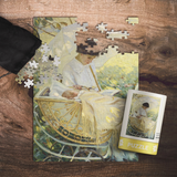 Jigsaw puzzle of a woman with a baby in a carriage on a wooden surface