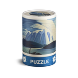 Puzzle box with mountain and a lake design on a white background
